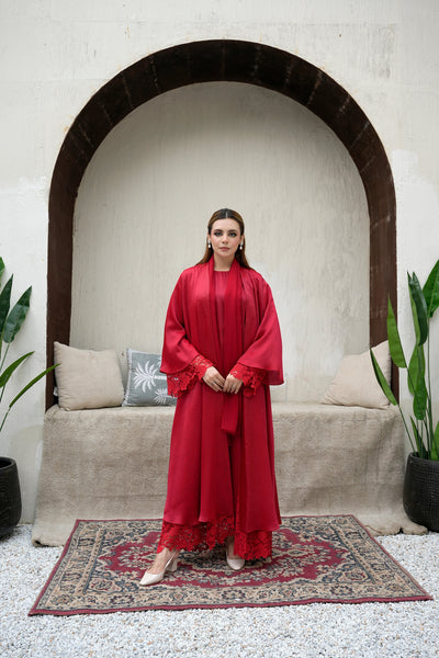 Selene red Silk abaya with floral Net detailing, front view