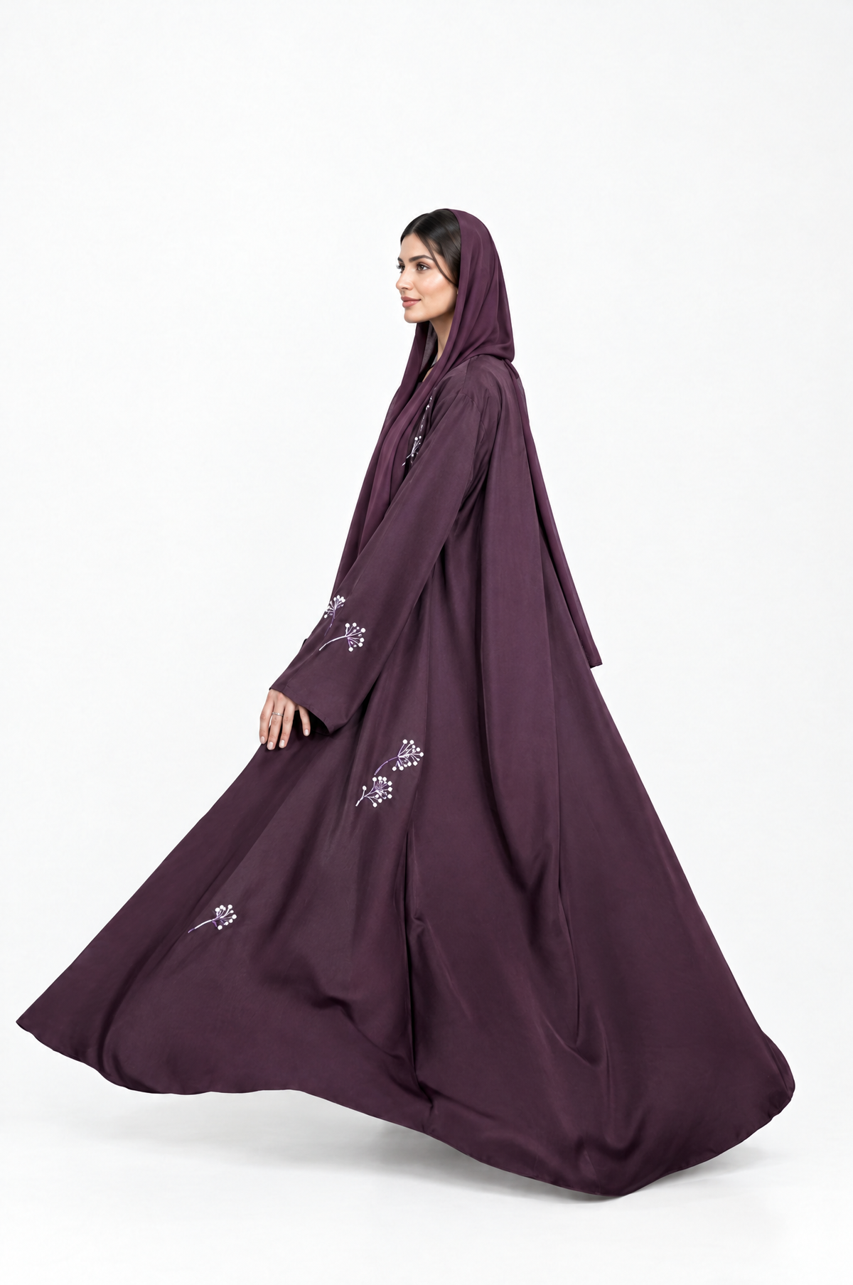 Fleur plum Nida abaya, pearl beadwork detail