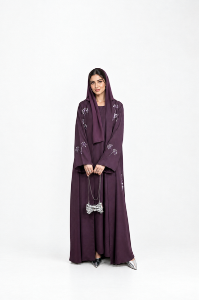 Fleur plum Nida abaya with pearl-beaded dandelion embroidery by Veilara