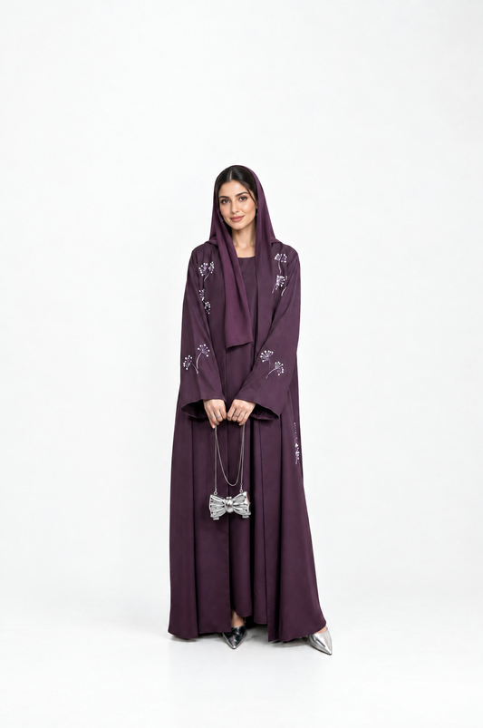 Fleur plum Nida abaya with pearl-beaded dandelion embroidery by Veilara