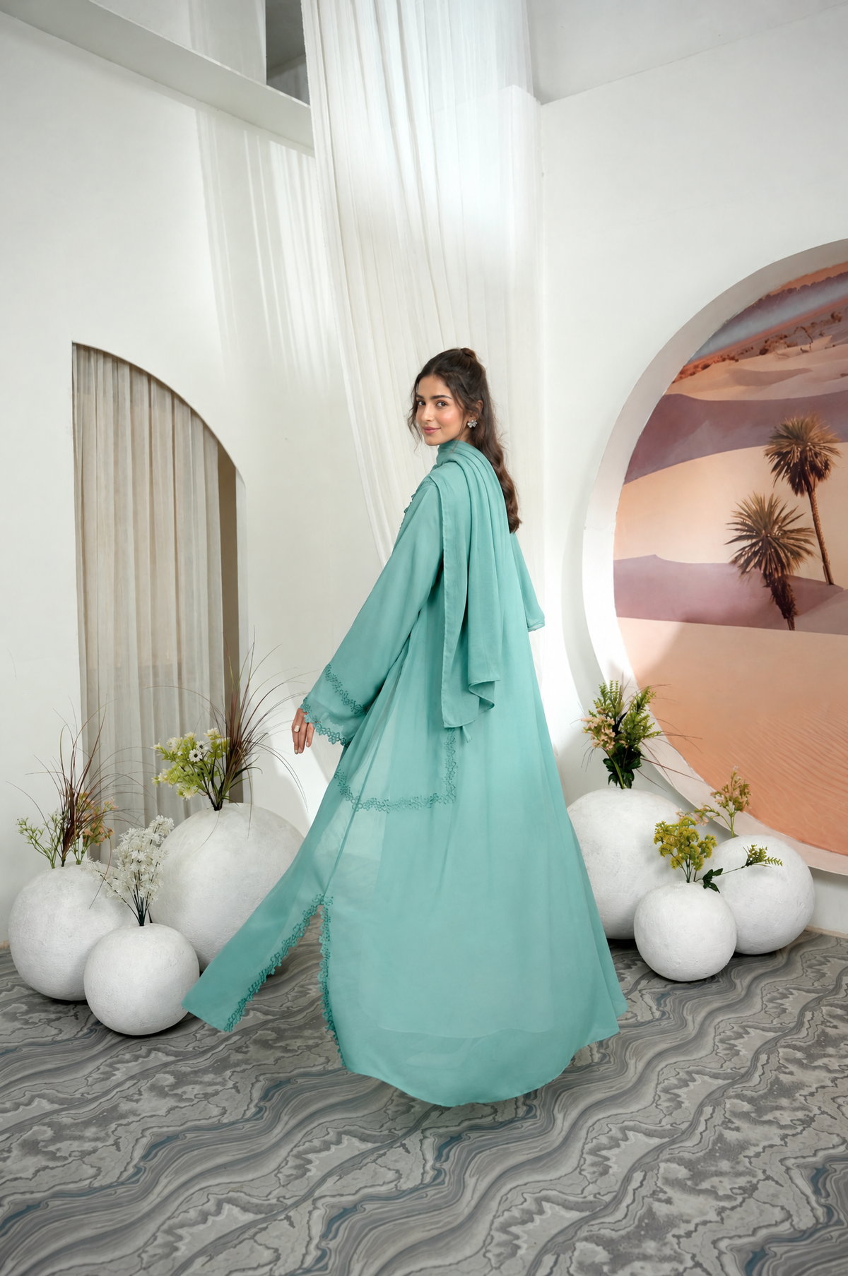 Elara sage green Chiffon abaya, full-length view