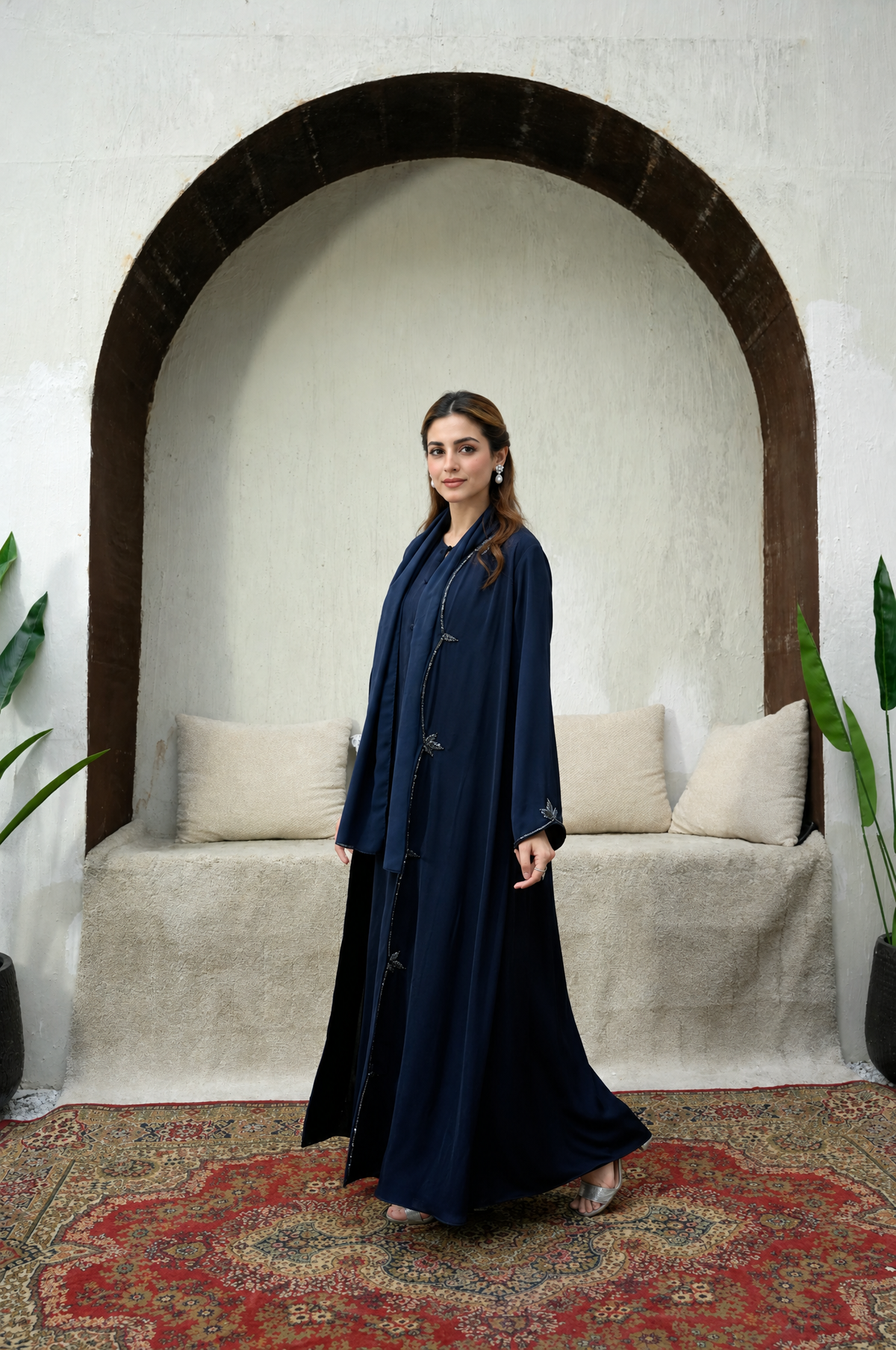 Dahlia navy Nida abaya with matching inner kaftan and shawl