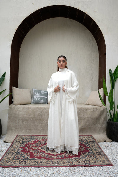 Selene white Silk abaya with floral Net detailing, front view