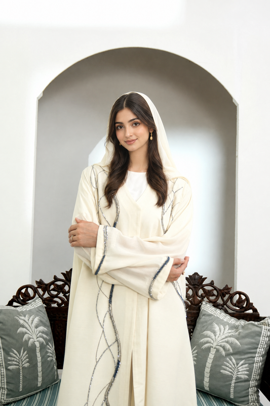 Freesia ivory Georgette abaya with hand-beaded detailing by Veilara